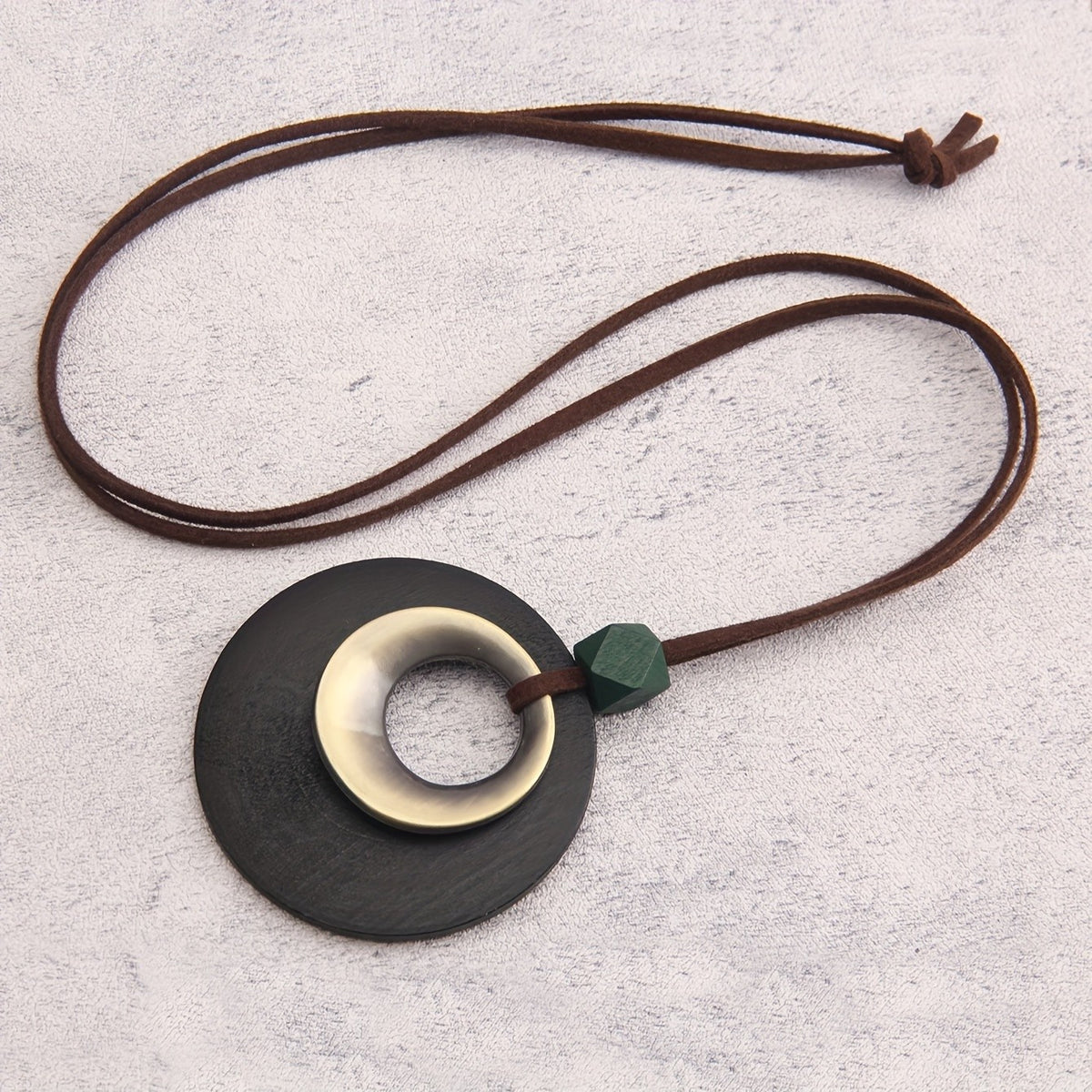 Wood Disc & Metal Hoop Pendant Necklace