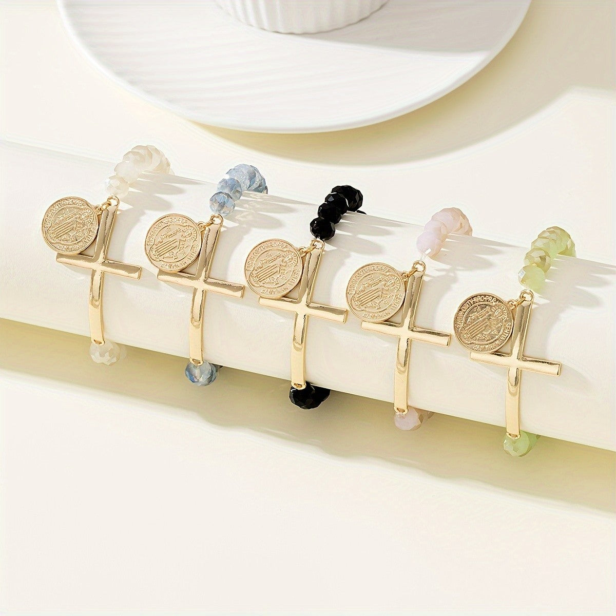 Cross & Coin Glass Bead Bracelet