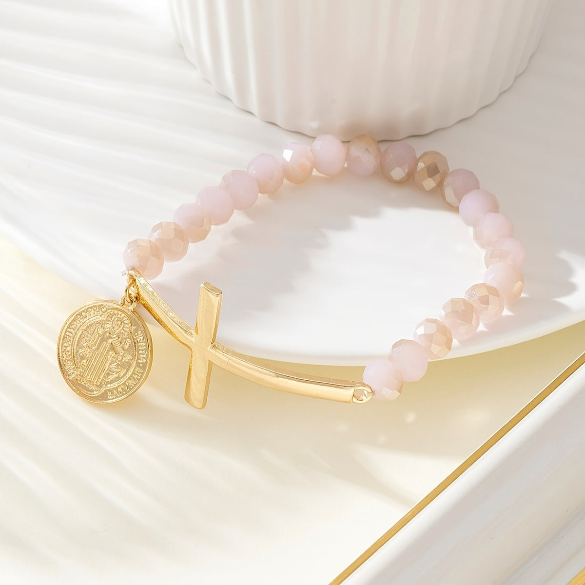 Cross & Coin Glass Bead Bracelet