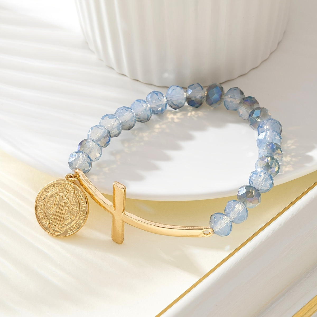 Cross & Coin Glass Bead Bracelet