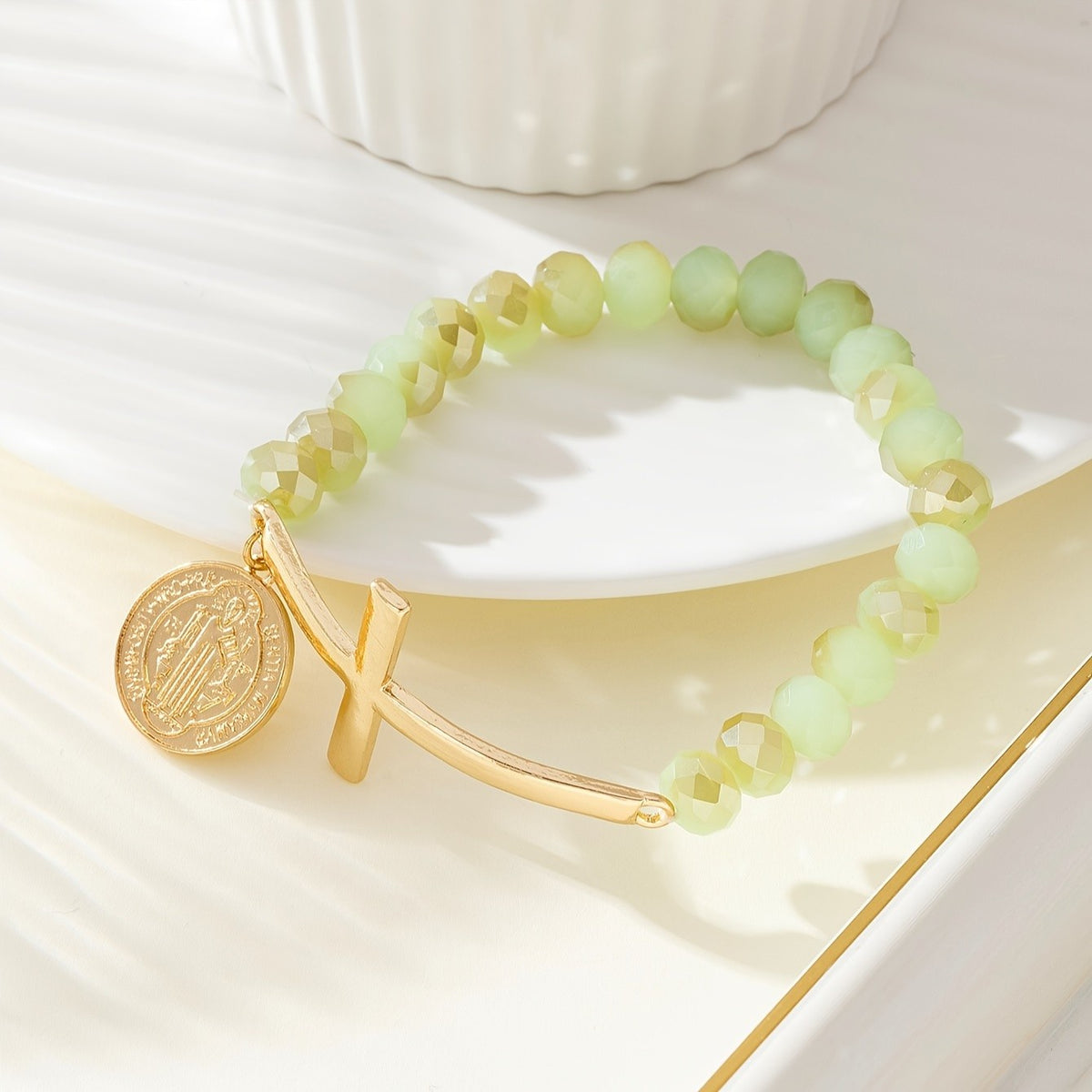 Cross & Coin Glass Bead Bracelet