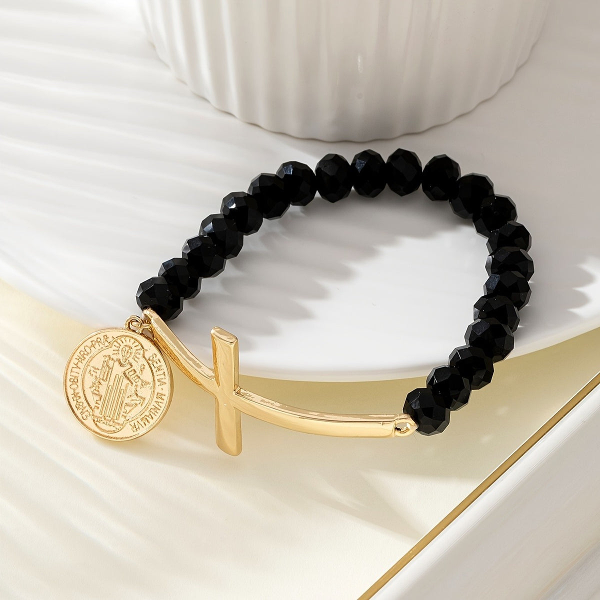 Cross & Coin Glass Bead Bracelet