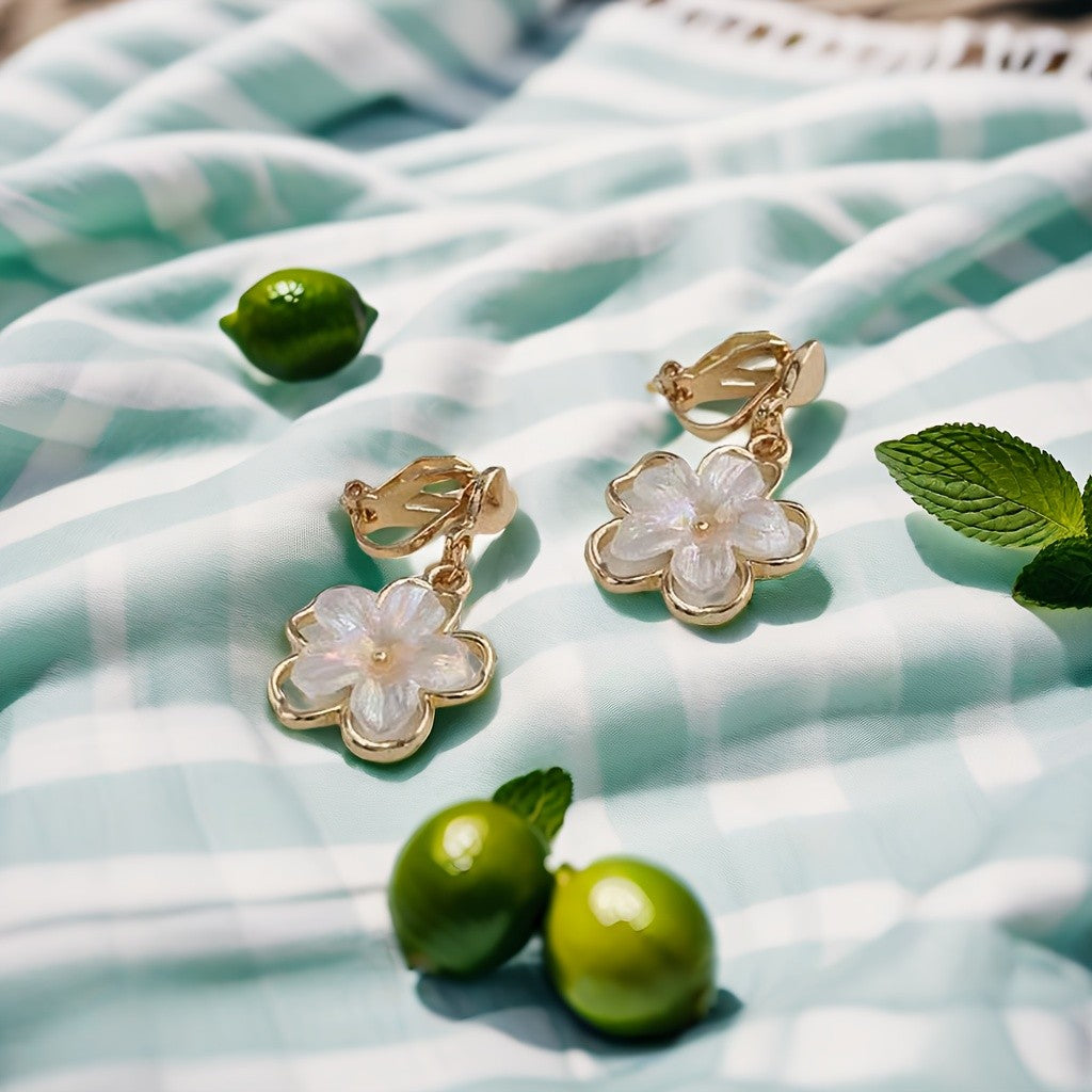 White Floral Clip-On Earrings