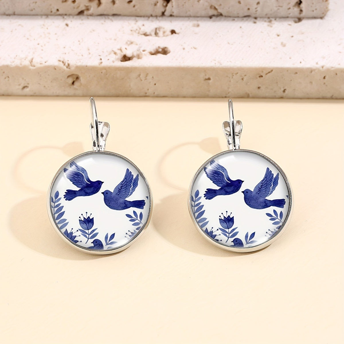 Blue Bird & Floral Leverback Earrings