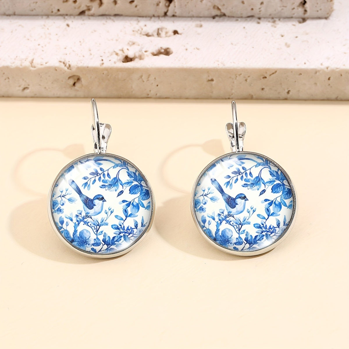 Blue Bird & Floral Leverback Earrings