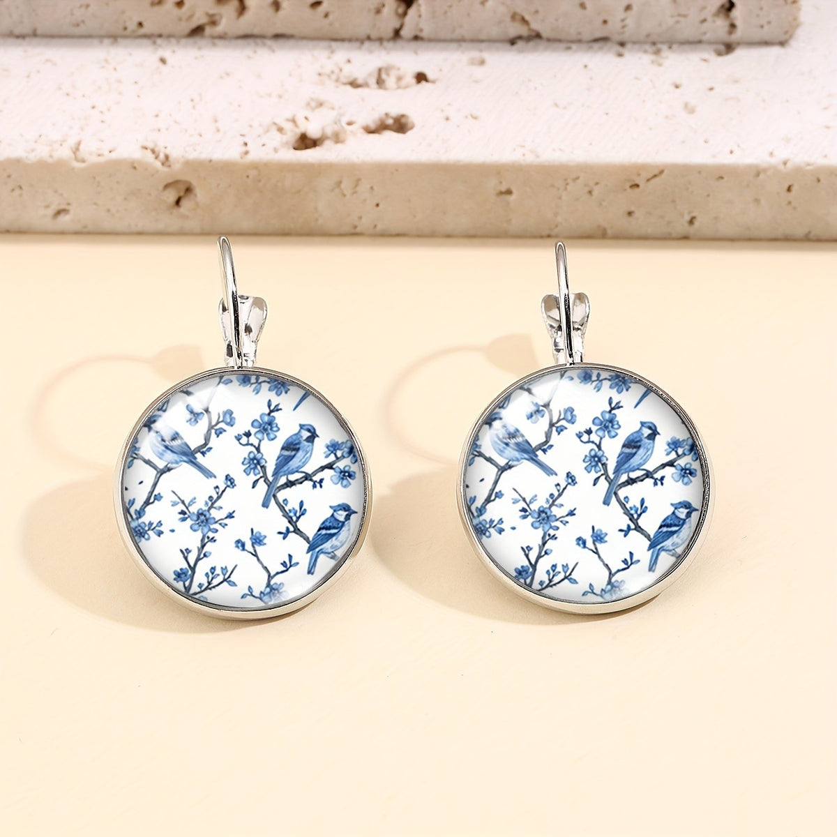 Blue Bird & Floral Leverback Earrings