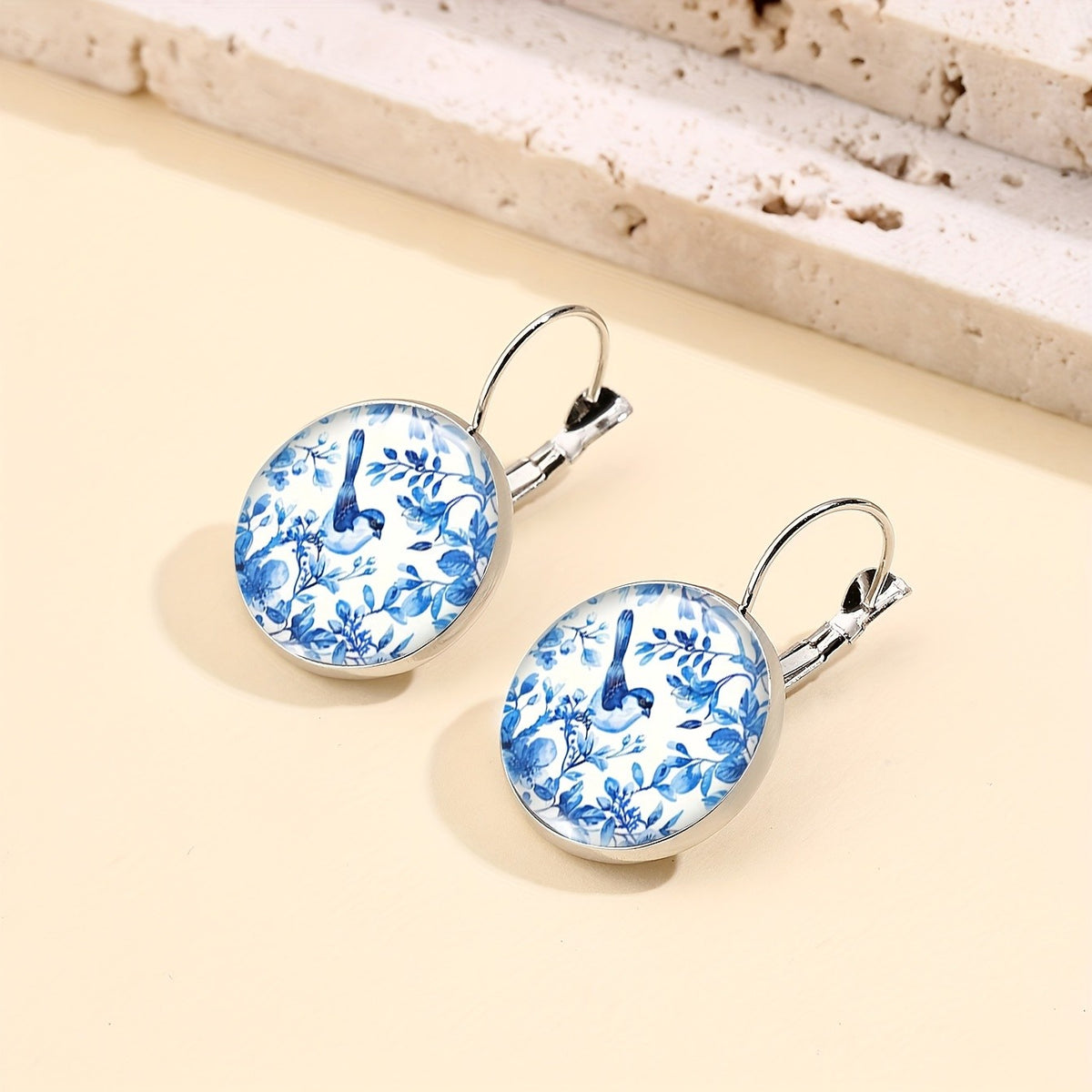 Blue Bird & Floral Leverback Earrings