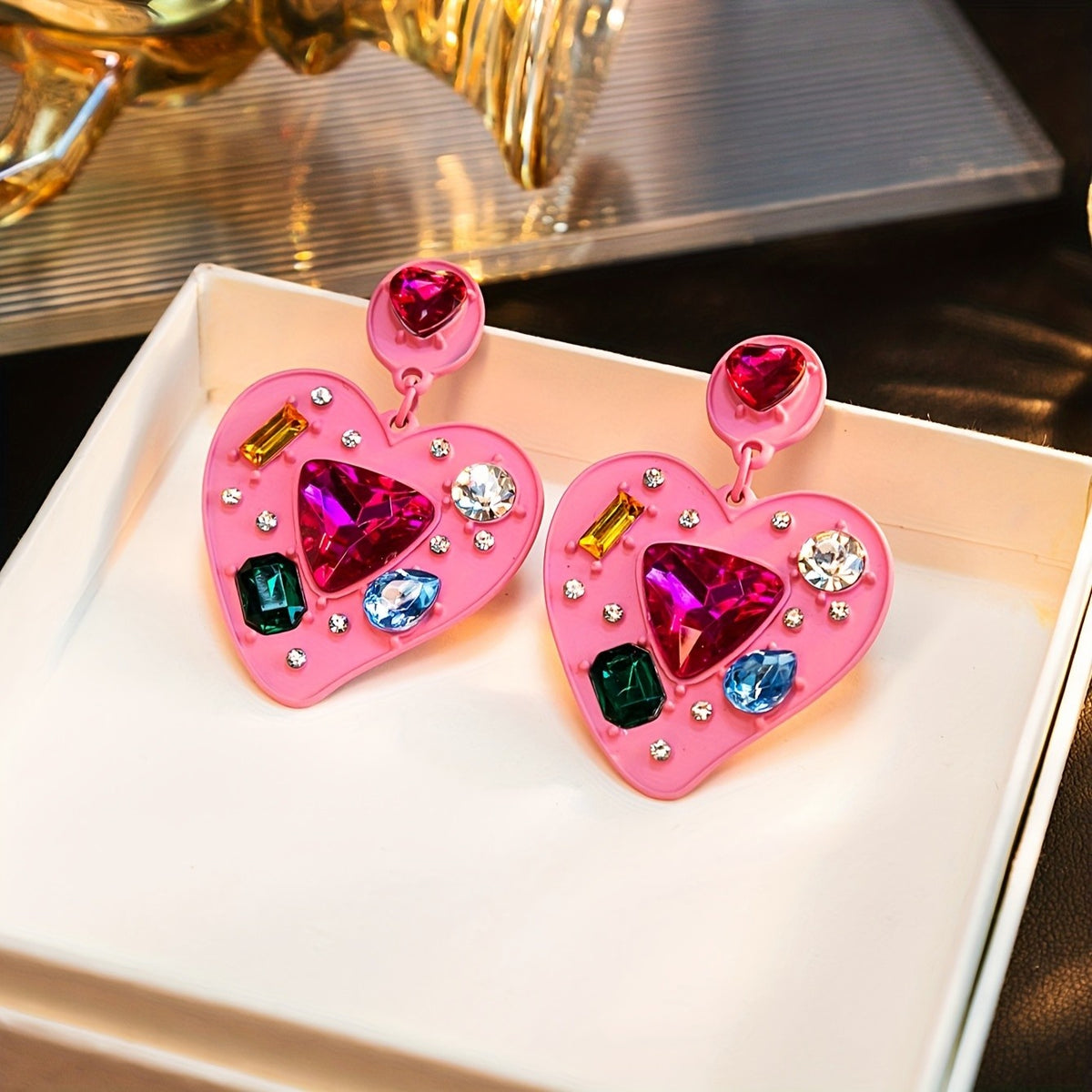 Pink Gemstone Heart Drop Earrings