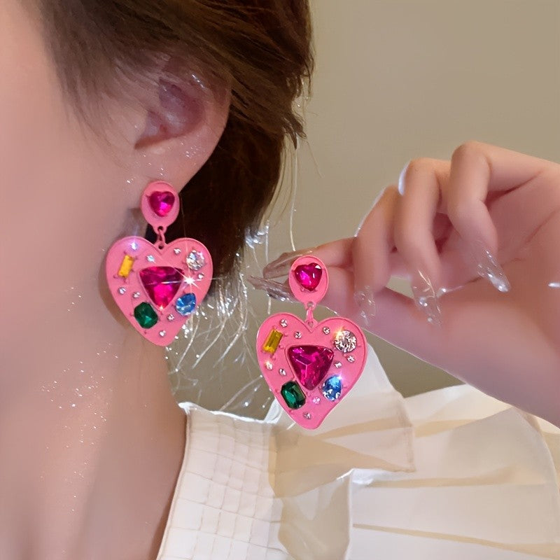 Pink Gemstone Heart Drop Earrings