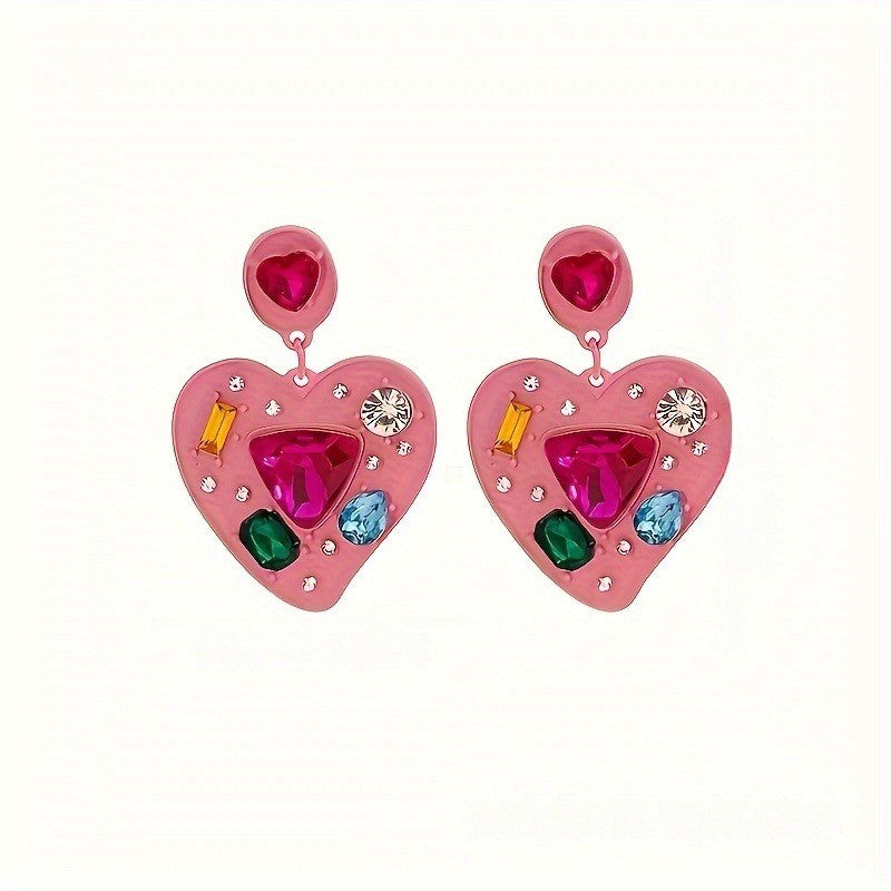 Pink Gemstone Heart Drop Earrings