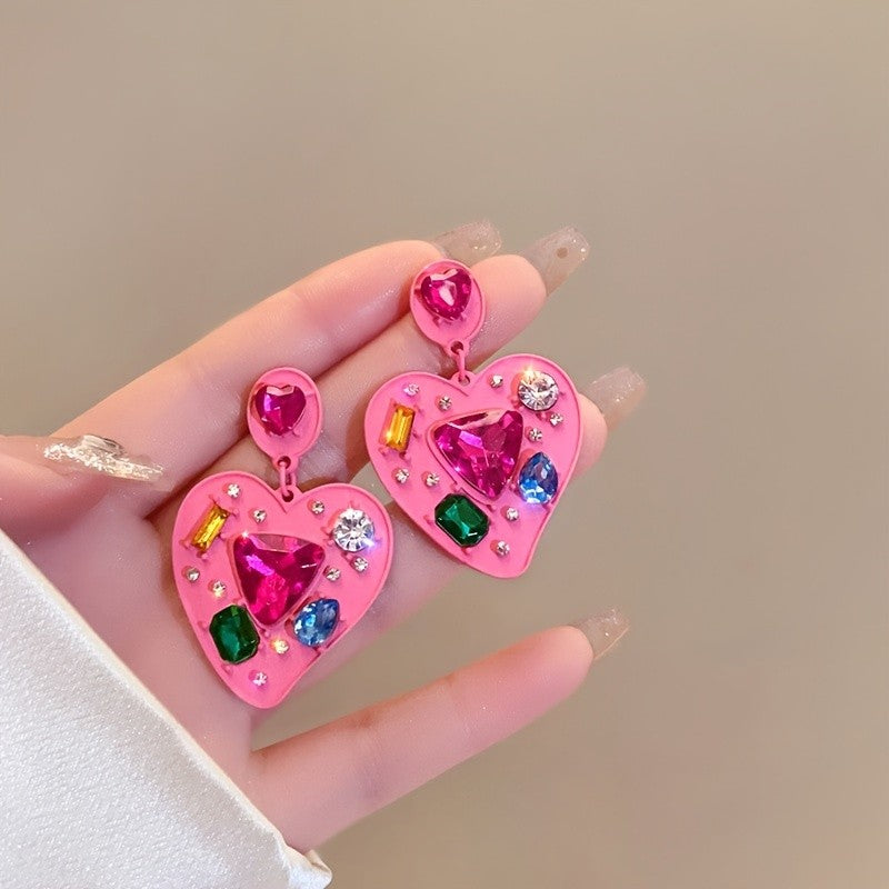 Pink Gemstone Heart Drop Earrings