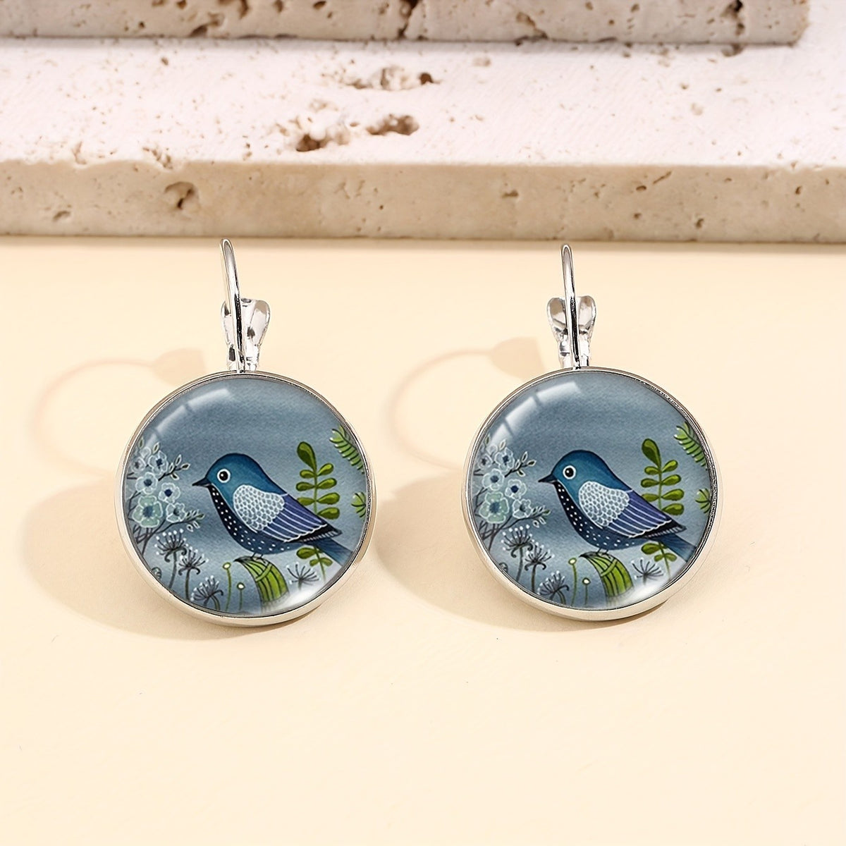 Blue Bird & Botanical Round Drop Earrings