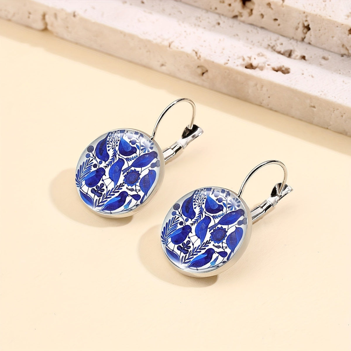 Blue Bird & Botanical Round Drop Earrings