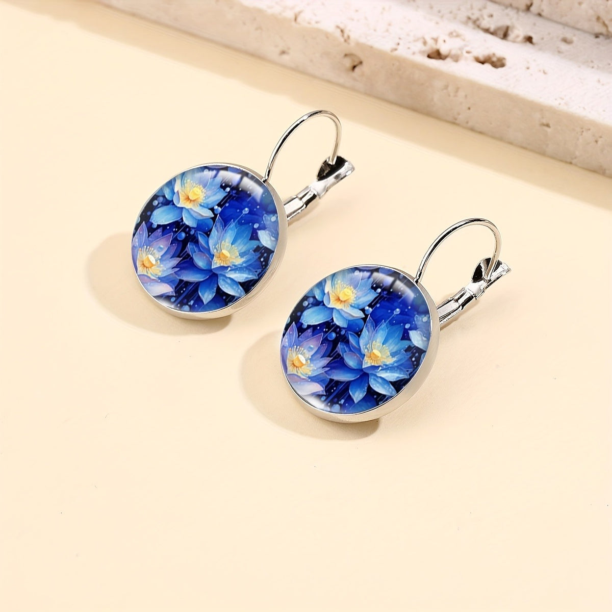Blue Lotus Round Drop Earrings