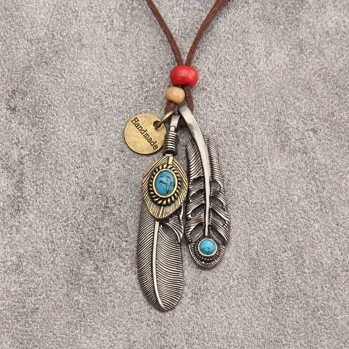 Double Feather & Turquoise Cord Necklace