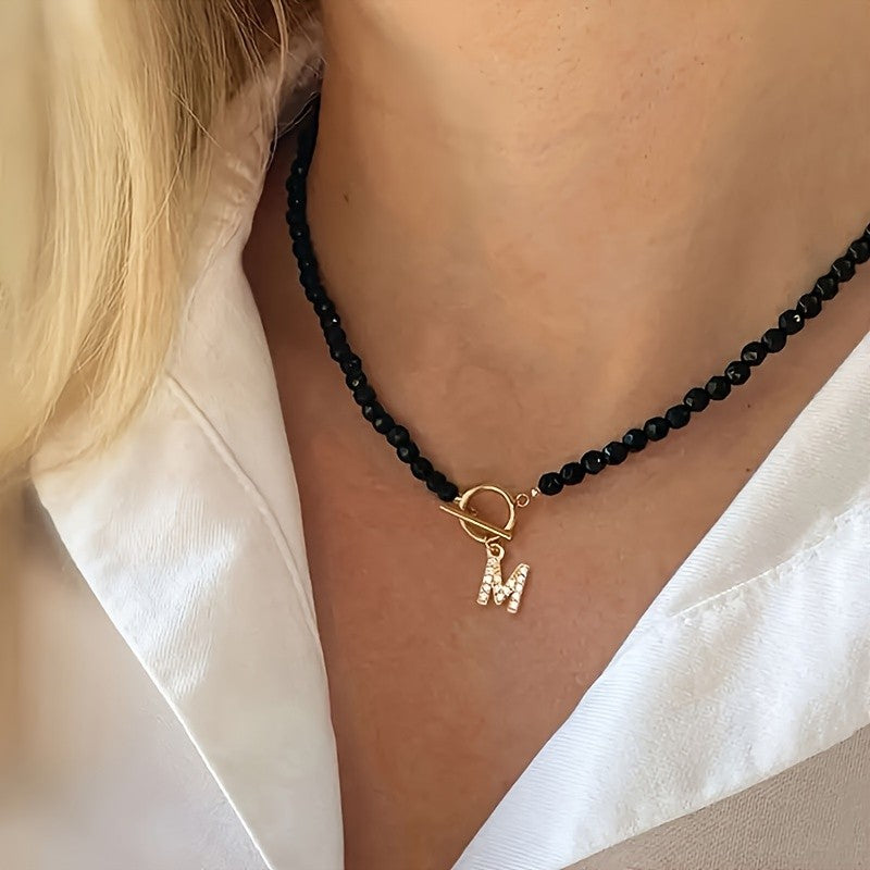 Black Bead Crystal Initial Necklace