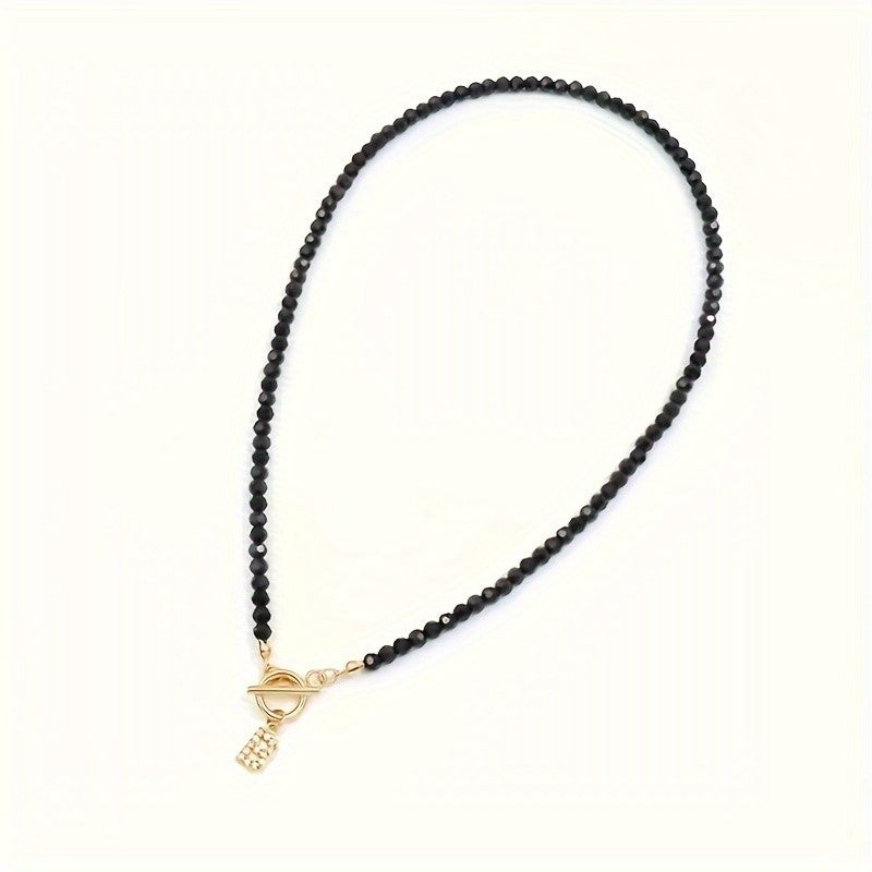 Black Bead Crystal Initial Necklace
