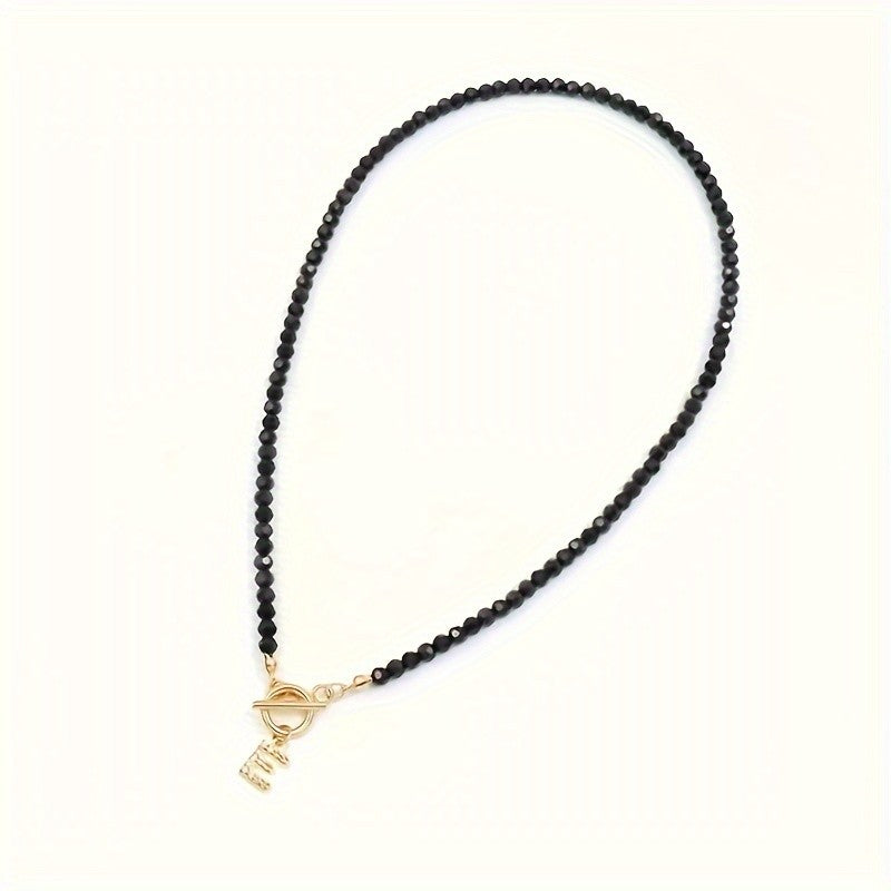 Black Bead Crystal Initial Necklace