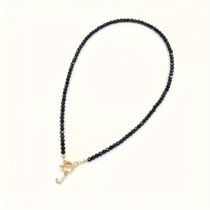 Black Bead Crystal Initial Necklace
