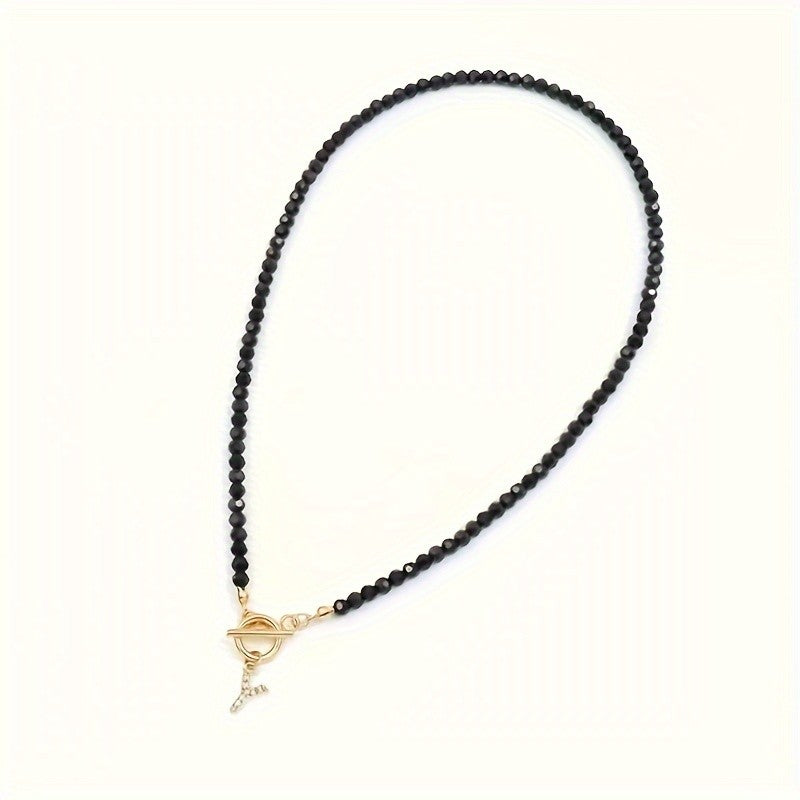 Black Bead Crystal Initial Necklace