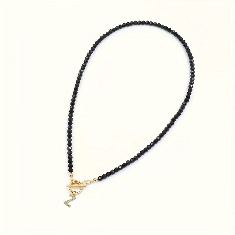 Black Bead Crystal Initial Necklace
