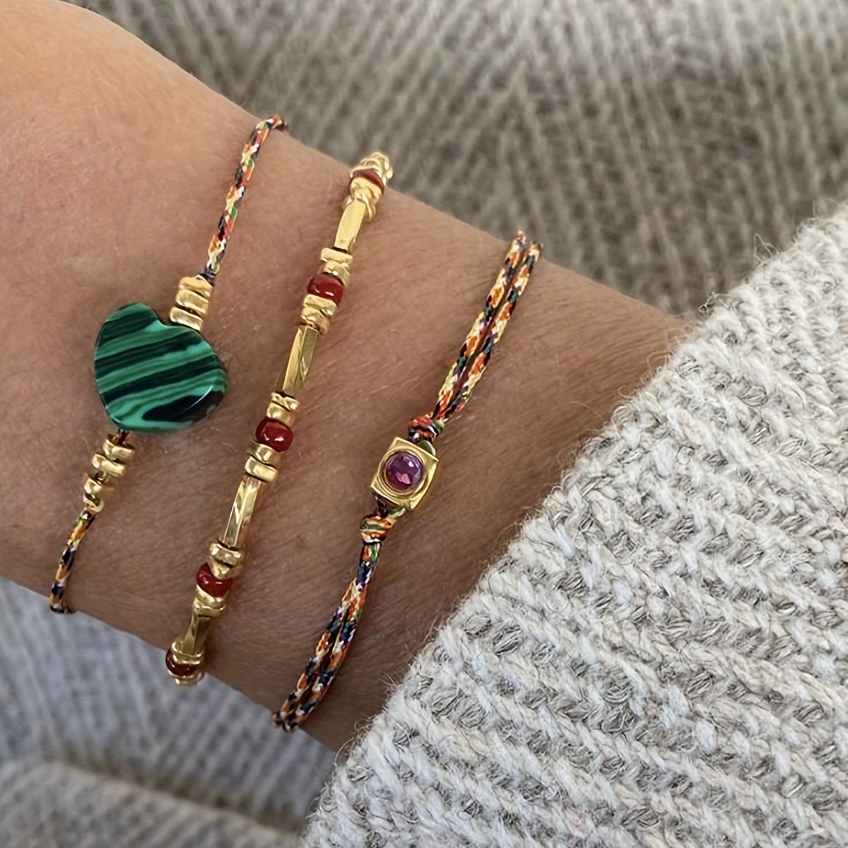 Malachite Heart & Gemstone Bracelet Set