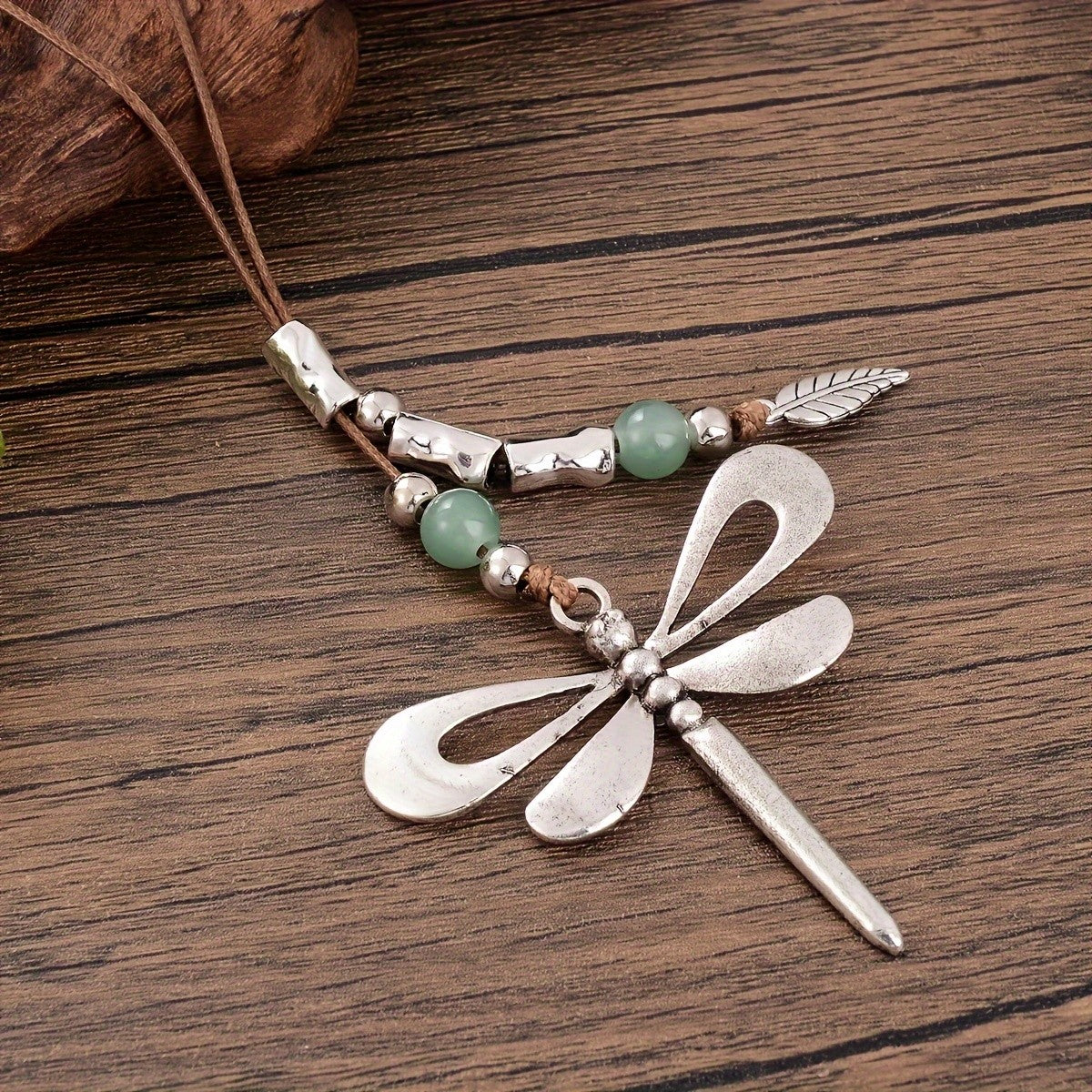 Dragonfly & Green Bead Cord Necklace