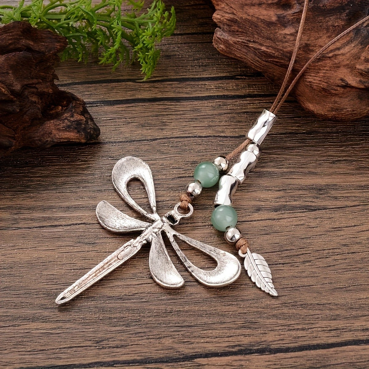 Dragonfly & Green Bead Cord Necklace