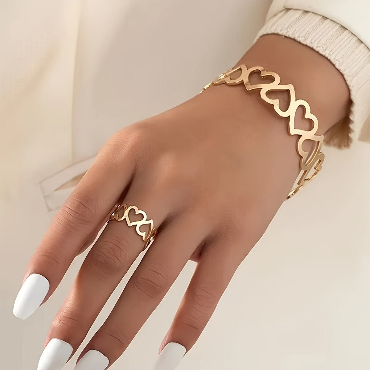 Continuous Heart Outline Bracelet & Ring Set