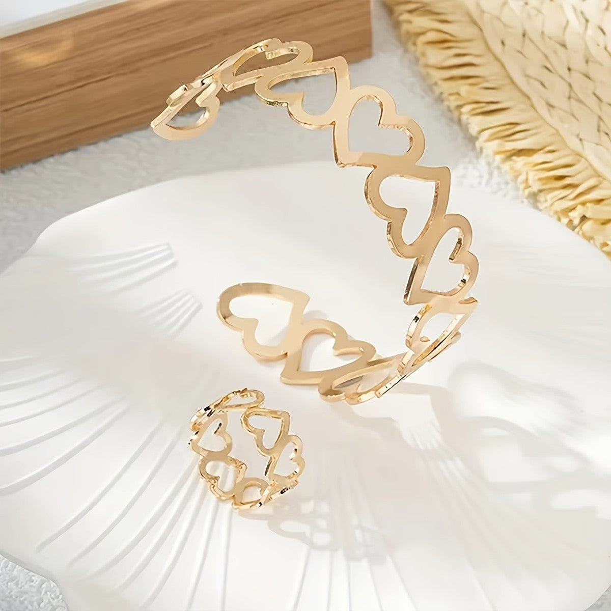 Continuous Heart Outline Bracelet & Ring Set