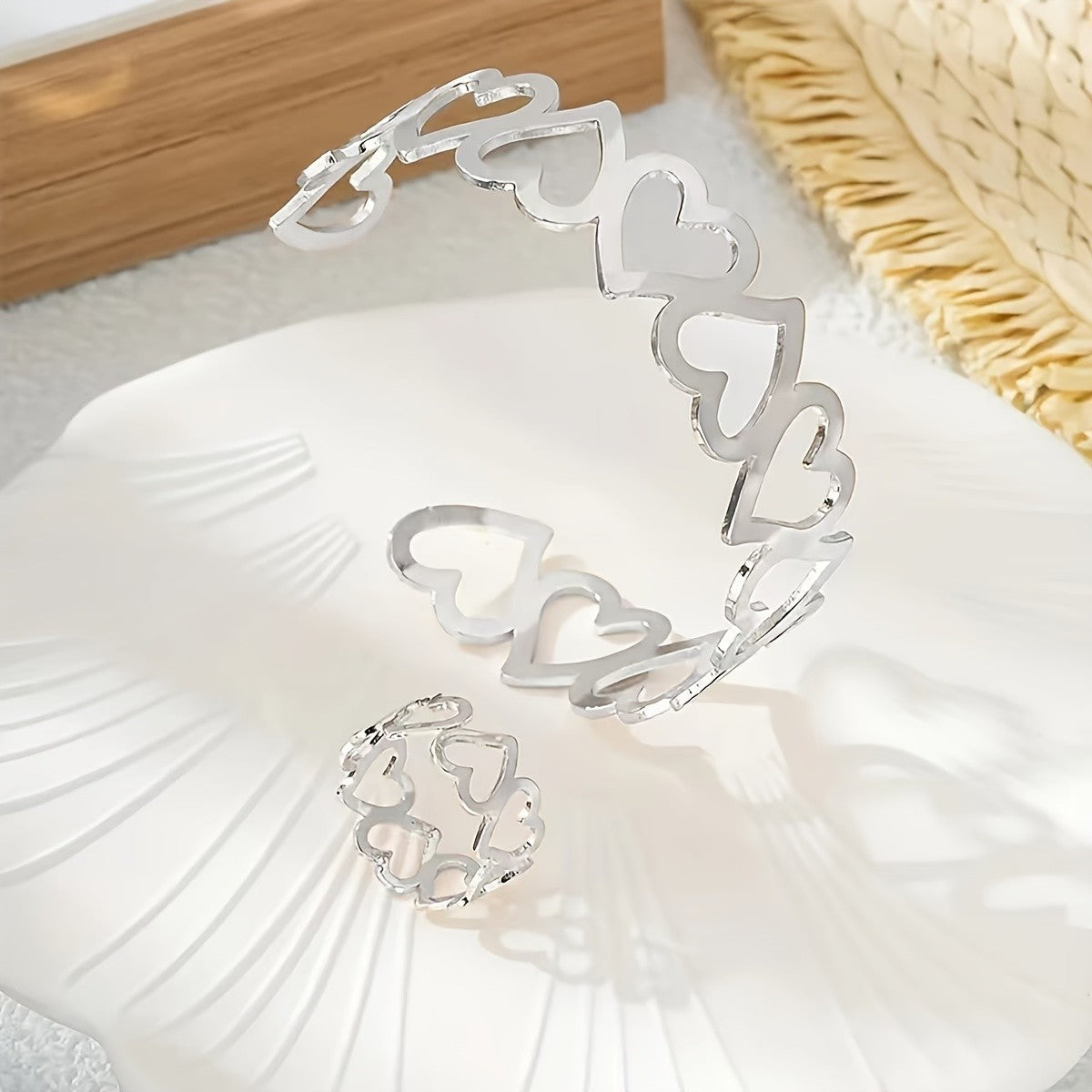 Continuous Heart Outline Bracelet & Ring Set