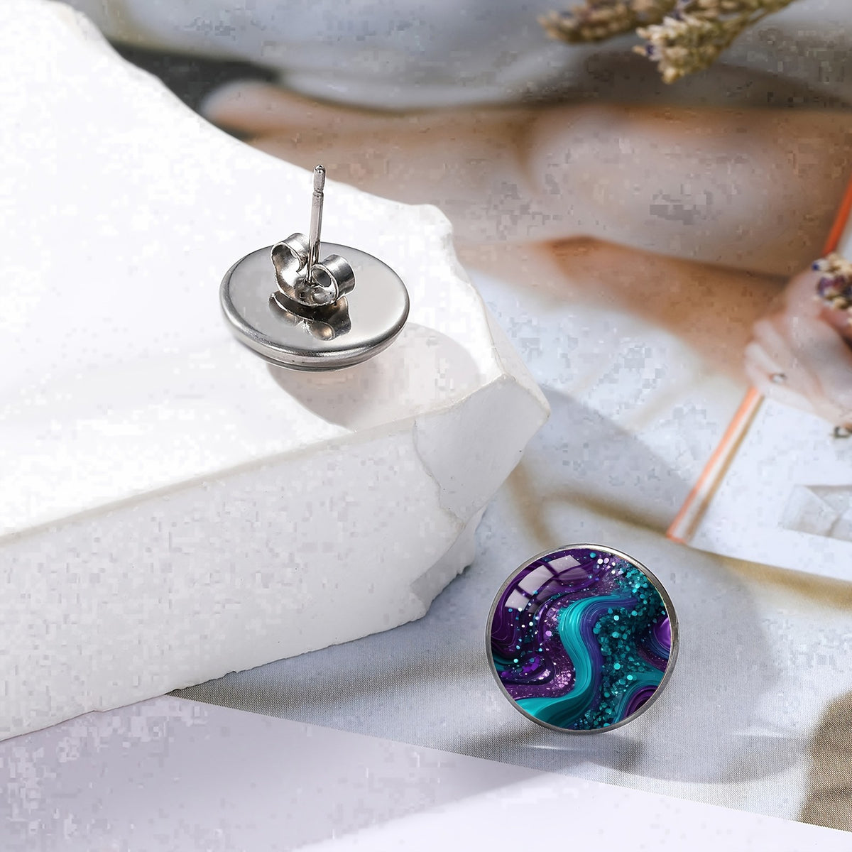 Teal and Purple Swirl Stud Earrings