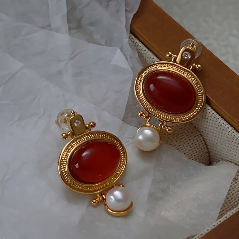 Red Oval Pearl Drop Earrings