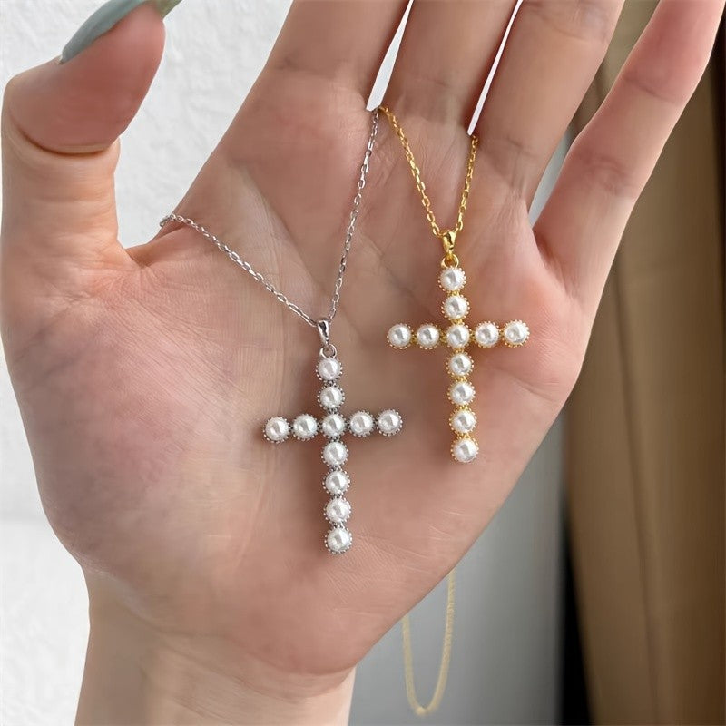 Faux Pearl Cross Necklace