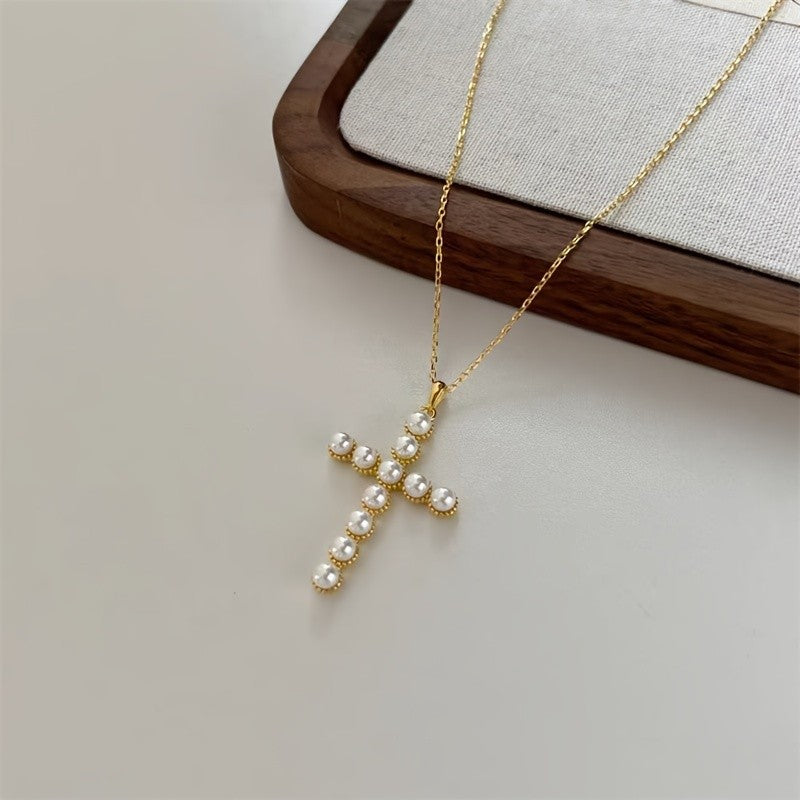 Faux Pearl Cross Necklace