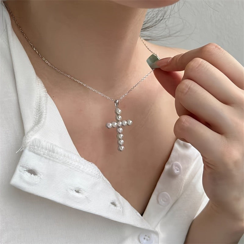 Faux Pearl Cross Necklace