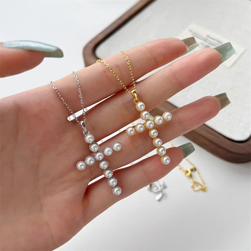 Faux Pearl Cross Necklace