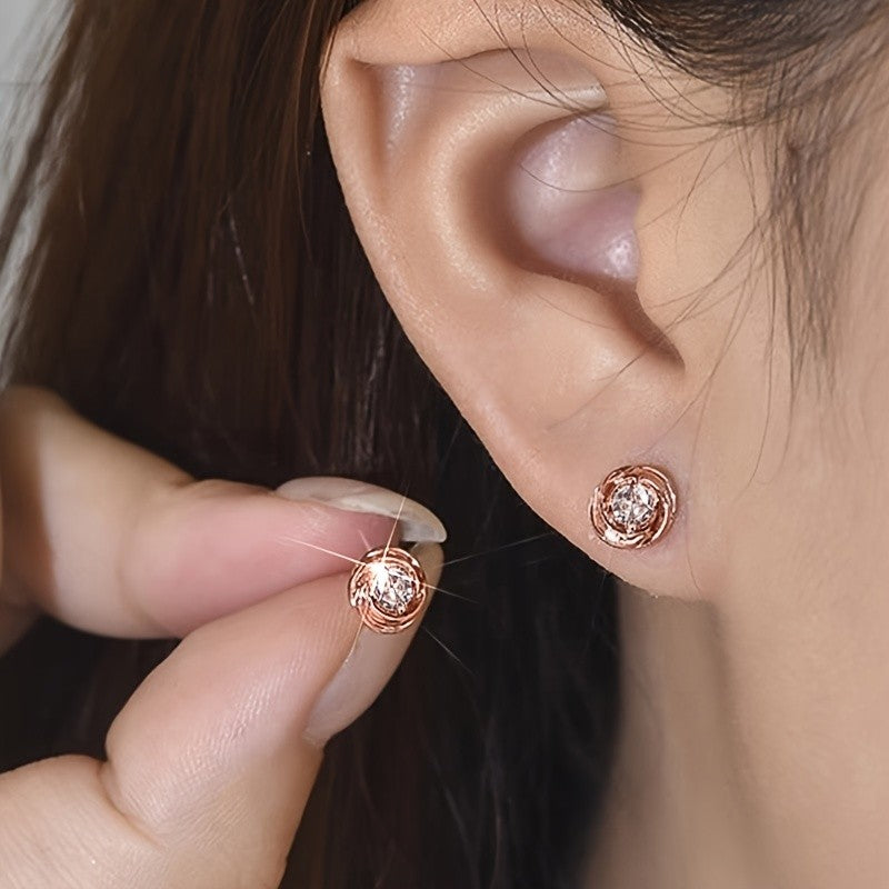 Rose Gold Swirl Crystal Stud Earrings