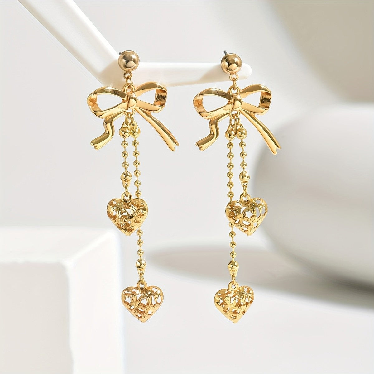 Bow & Openwork Heart Drop Earrings