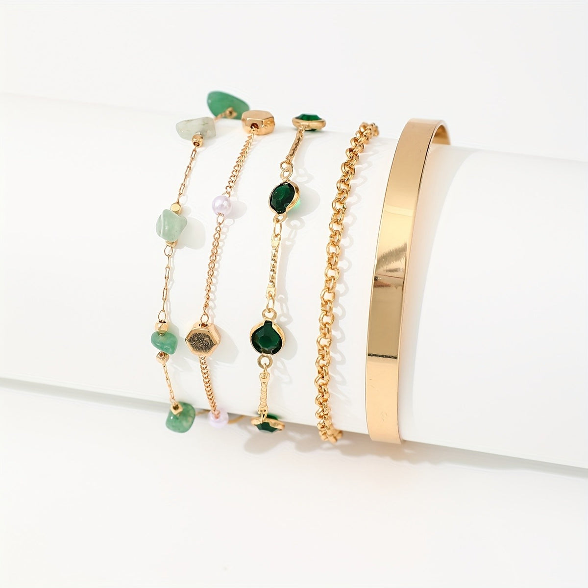 Green Stone & Pearl Bracelet Set