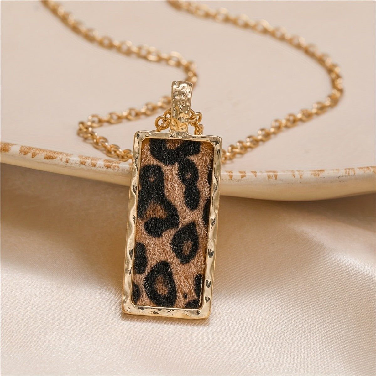 Leopard Print Rectangle Necklace 14k