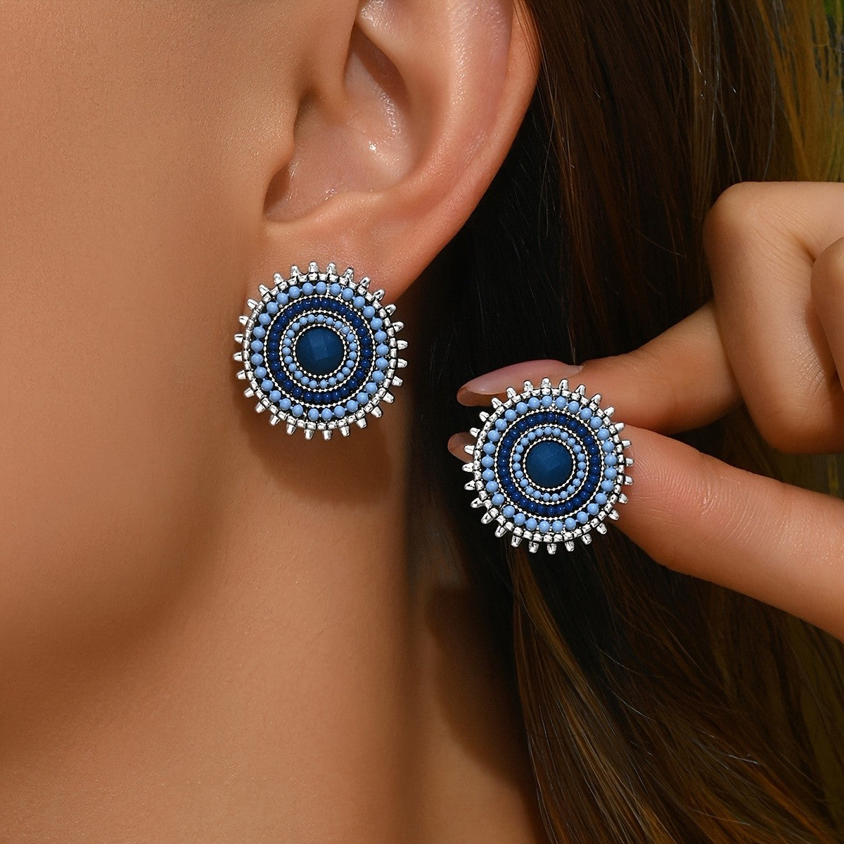 Blue Beaded Round Statement Earrings