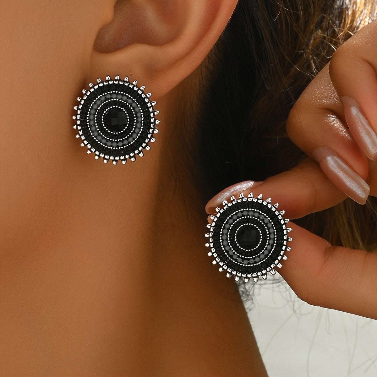 Blue Beaded Round Statement Earrings
