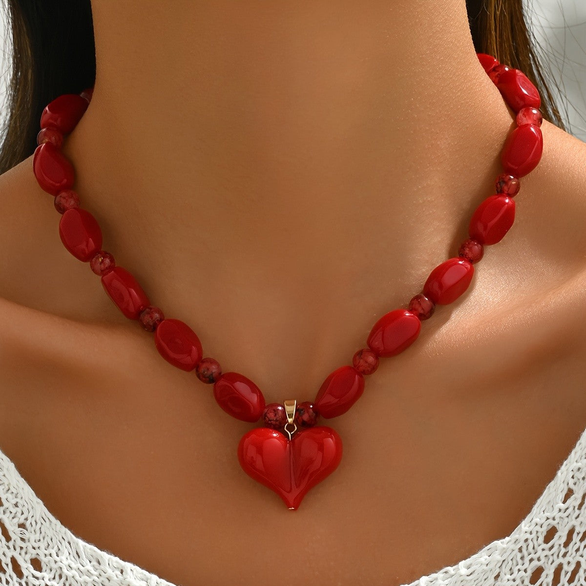 Red Glass Bead Heart Necklace
