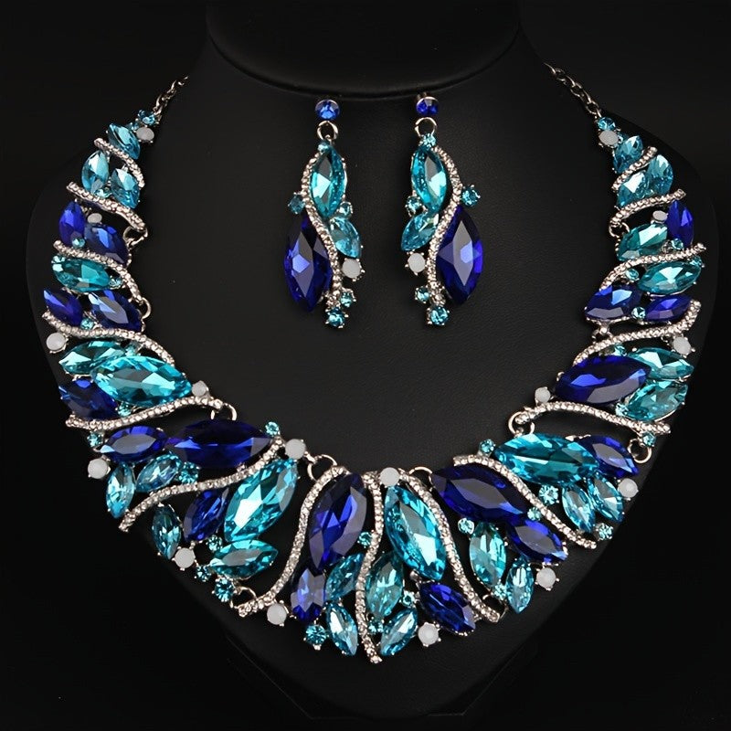 Blue Teal Crystal Leaf Necklace & Earring Set
