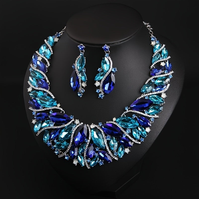 Blue Teal Crystal Leaf Necklace & Earring Set