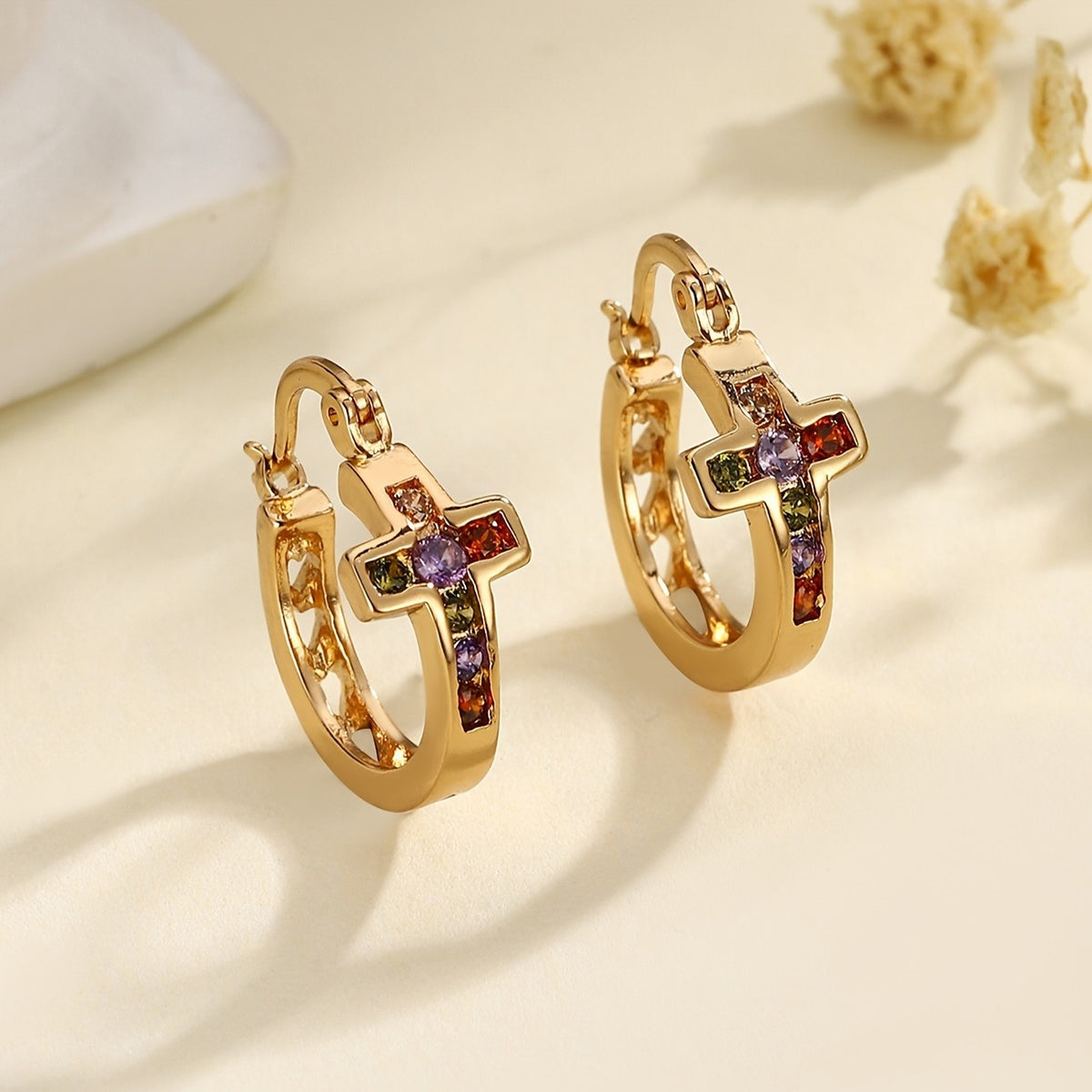 Multicolor Zircon Cross Hoop Earrings