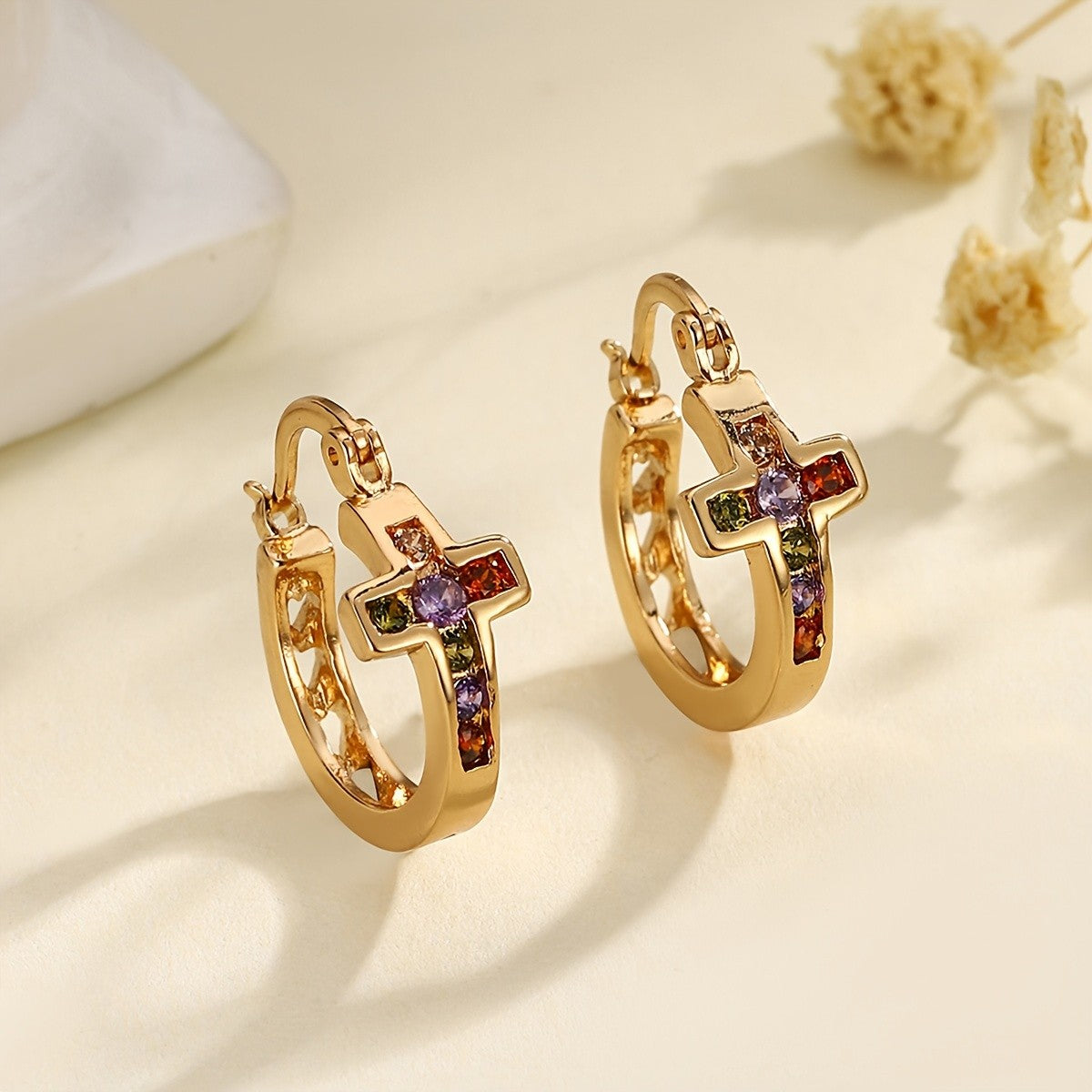 Multicolor Zircon Cross Hoop Earrings