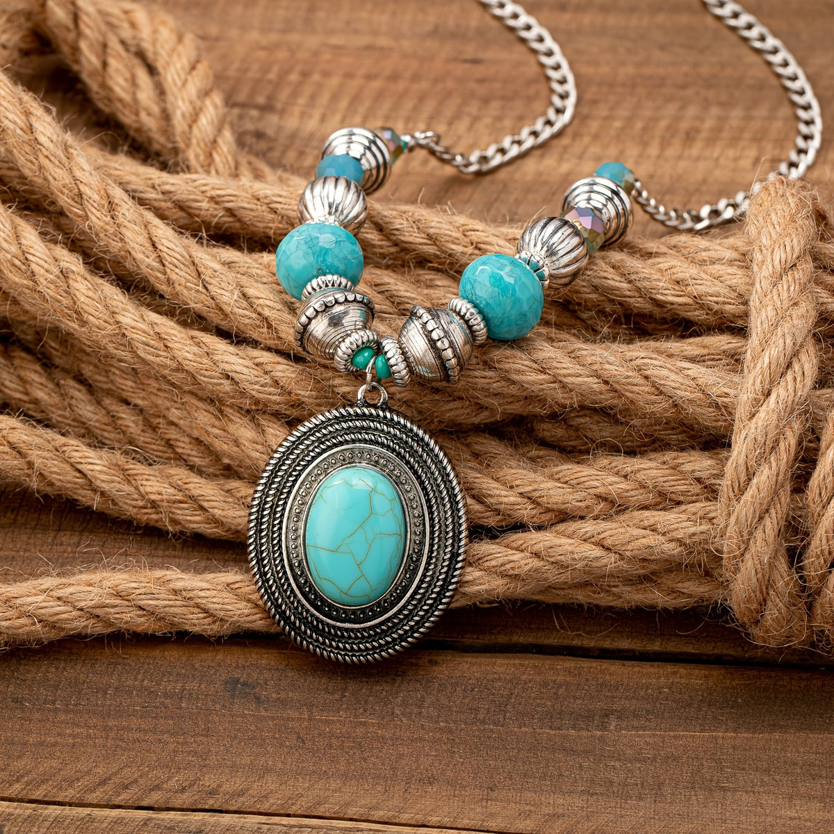 Turquoise Oval Filigree Bead Necklace