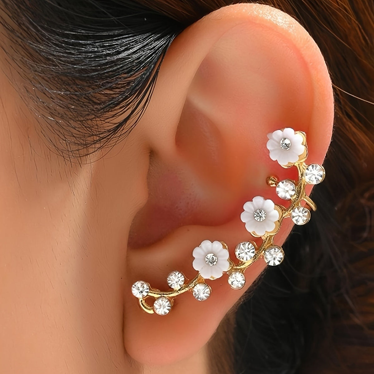 White Flower Crystal Ear Cuff